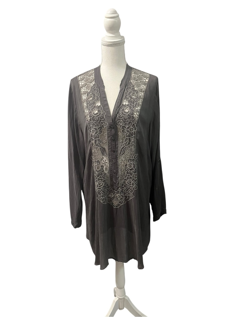 Johnny Was Slate Gray Diamond Trail Openwork Lace Tunic Shirt L Cupra Rayon